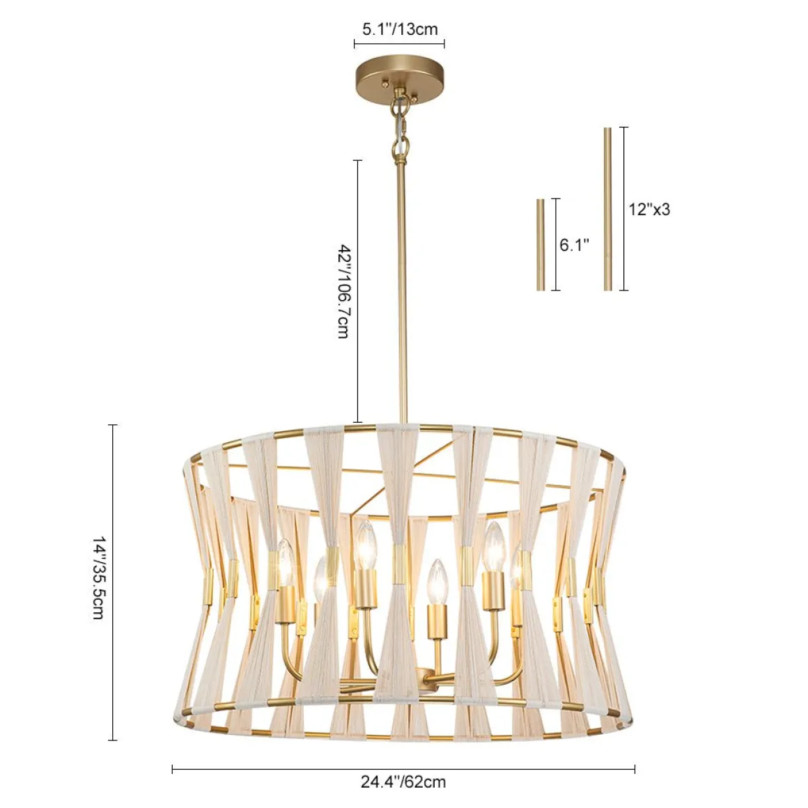 Ivory Woven Brass Open Drum Pendant Light