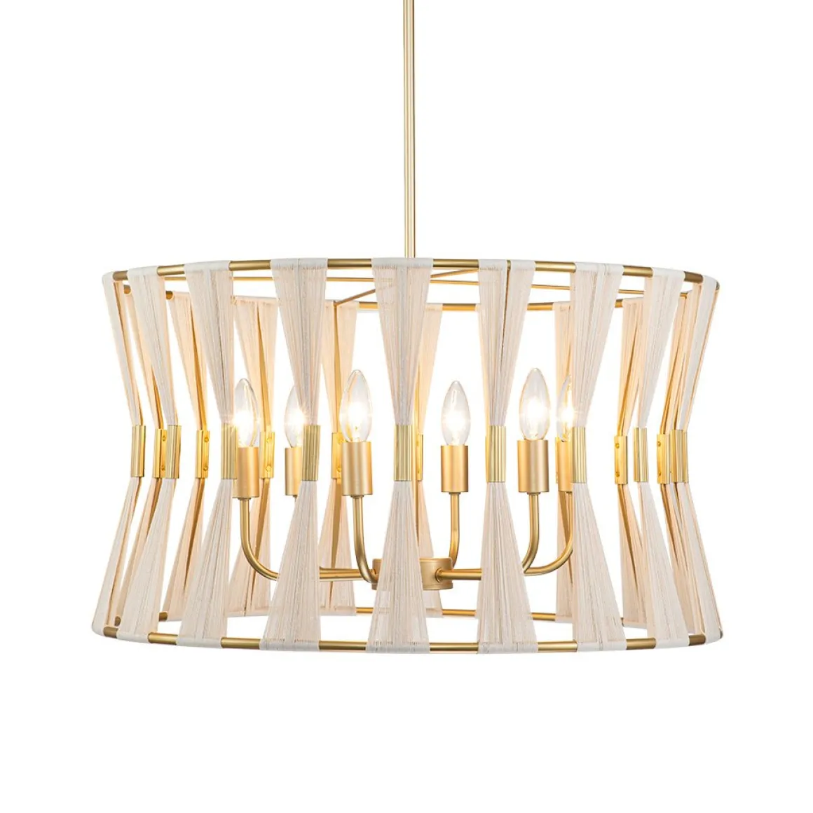 Ivory Woven Brass Open Drum Pendant Light