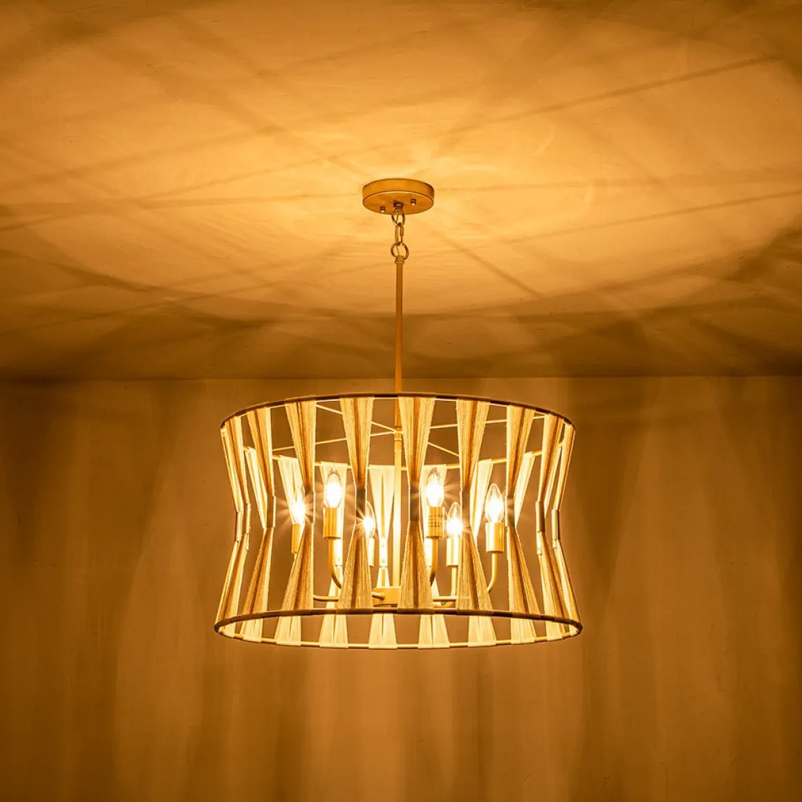 Ivory Woven Brass Open Drum Pendant Light
