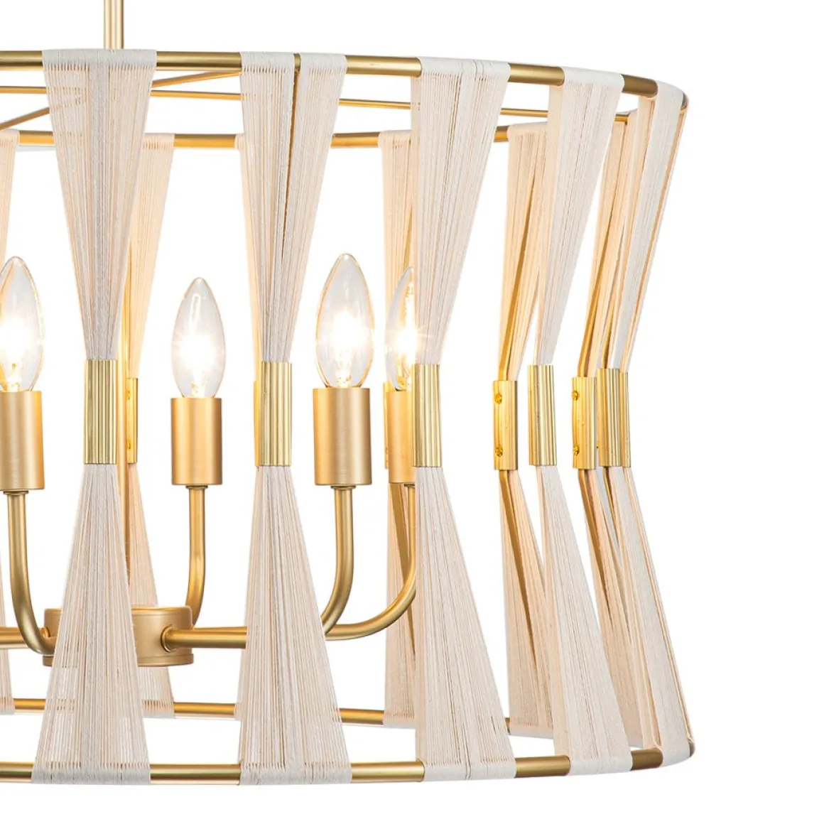 Ivory Woven Brass Open Drum Pendant Light
