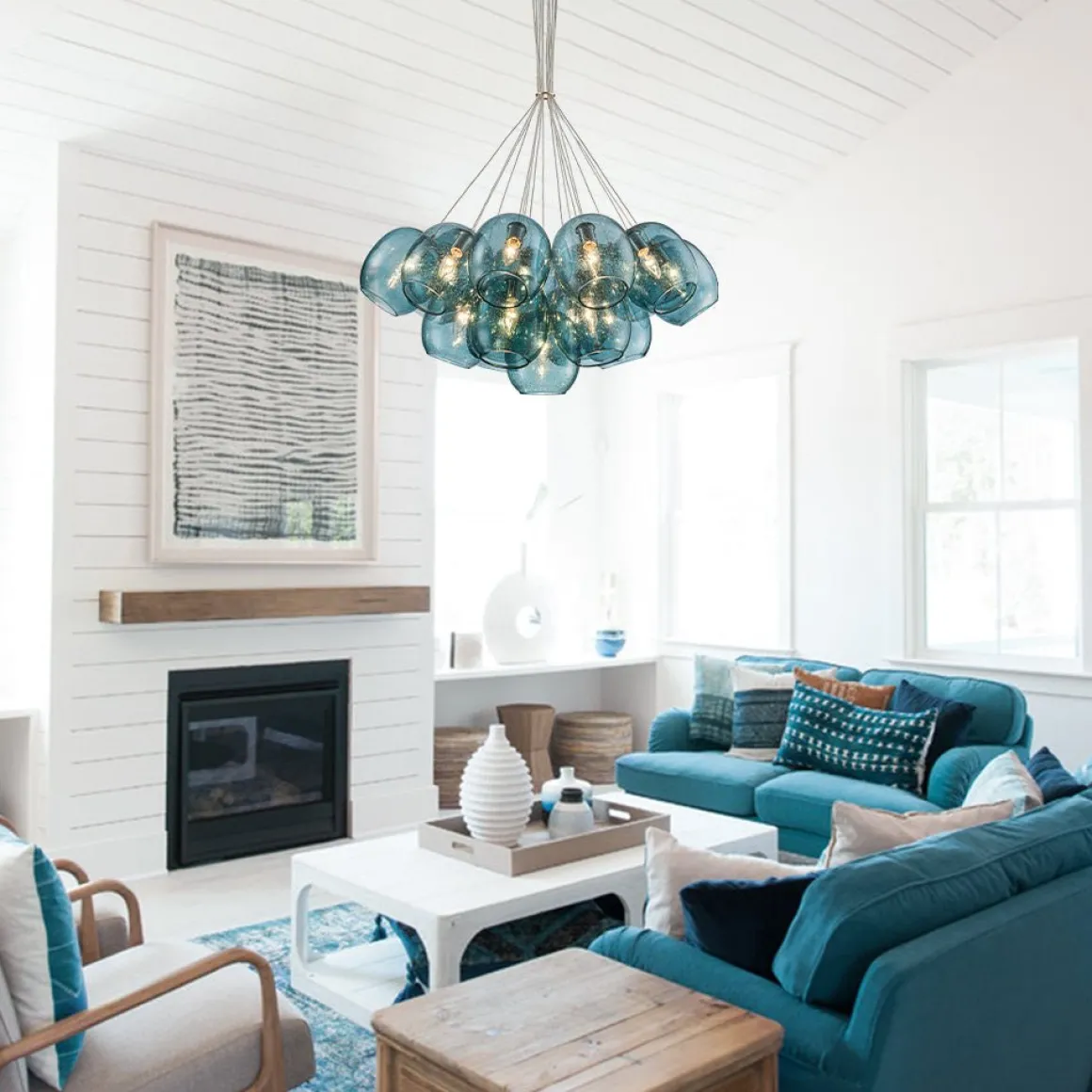 Lake House Cluster Blue Glass Globe Bubble Chandelier