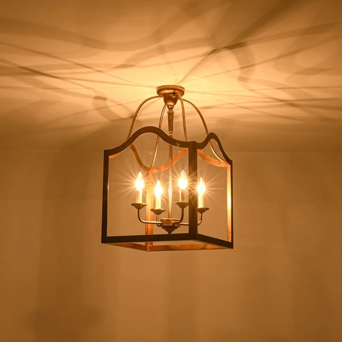 4-light Antique Bronze Candle Square Lantern Semi Flush