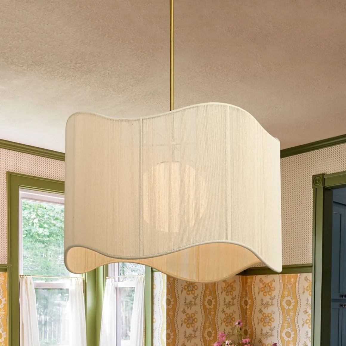 1-Light Beige Woven Thread Wavy Drum Cage Chandelier