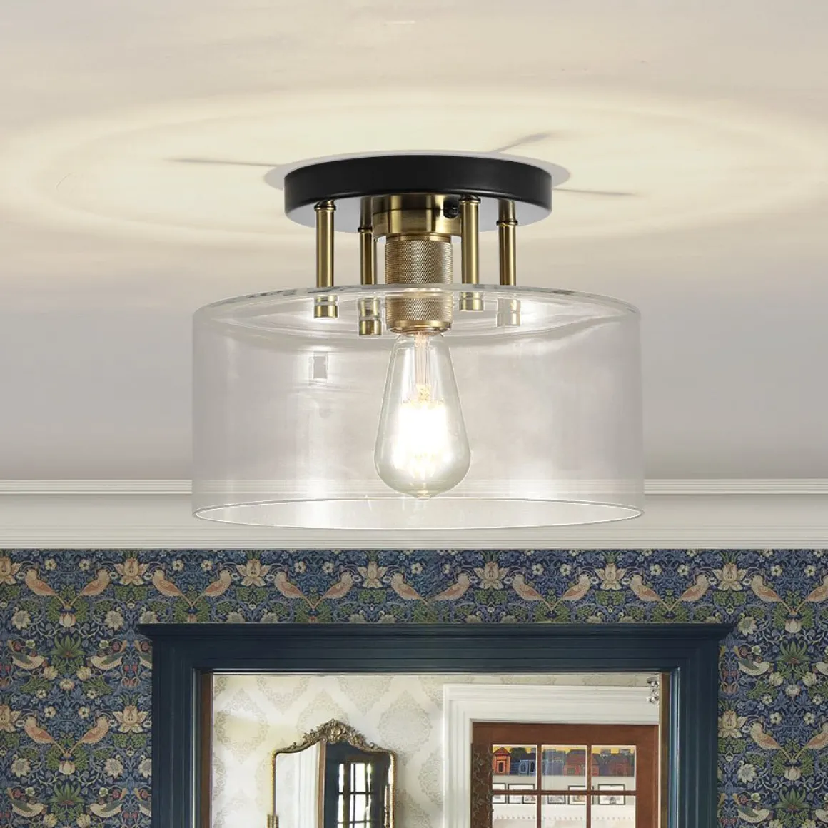 1-Light Black Brass Clear Glass Drum Semi Flush Mount