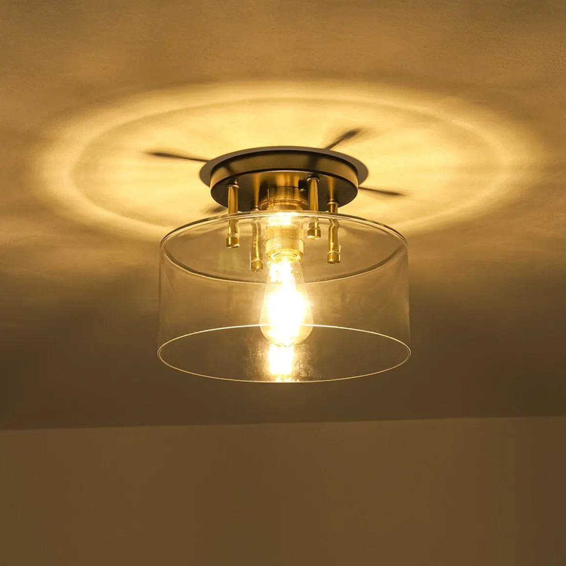 1-Light Black Brass Clear Glass Drum Semi Flush Mount