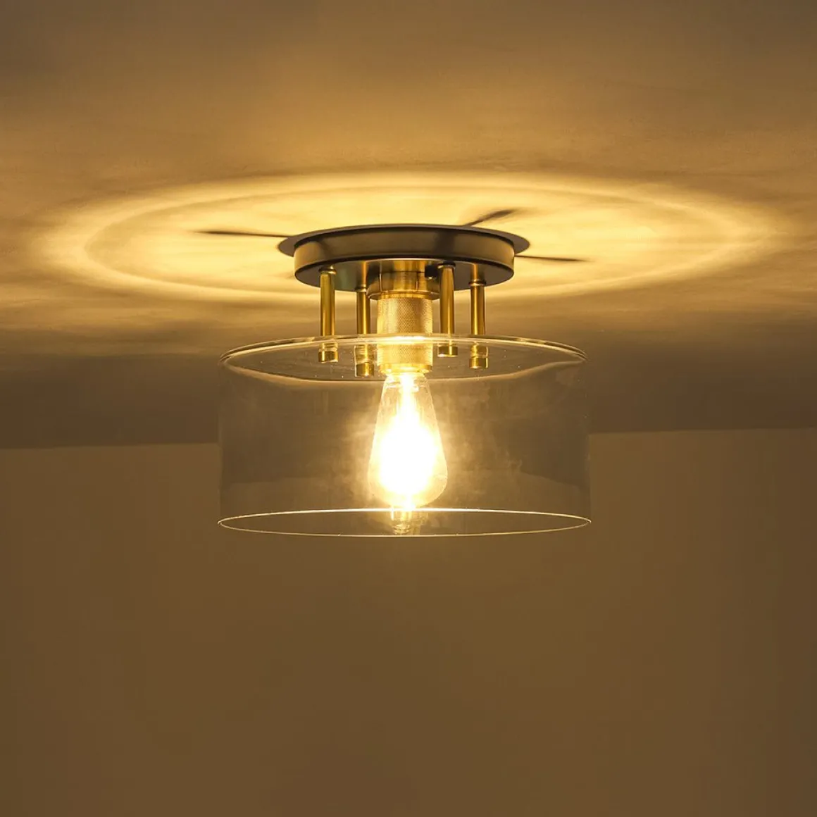 1-Light Black Brass Clear Glass Drum Semi Flush Mount