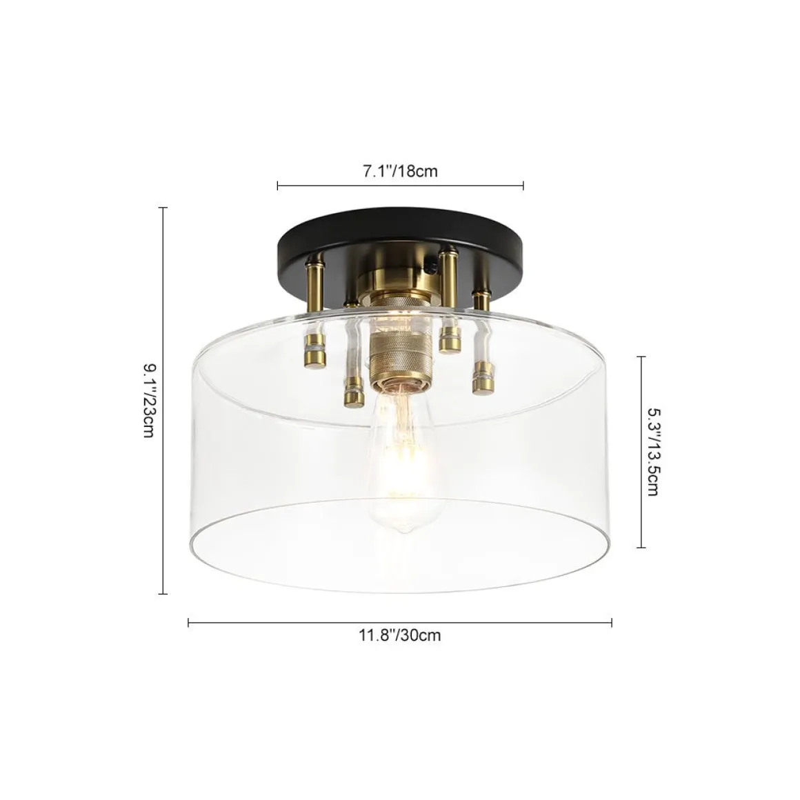 1-Light Black Brass Clear Glass Drum Semi Flush Mount