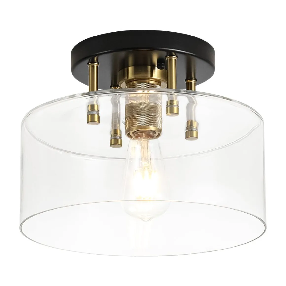 1-Light Black Brass Clear Glass Drum Semi Flush Mount