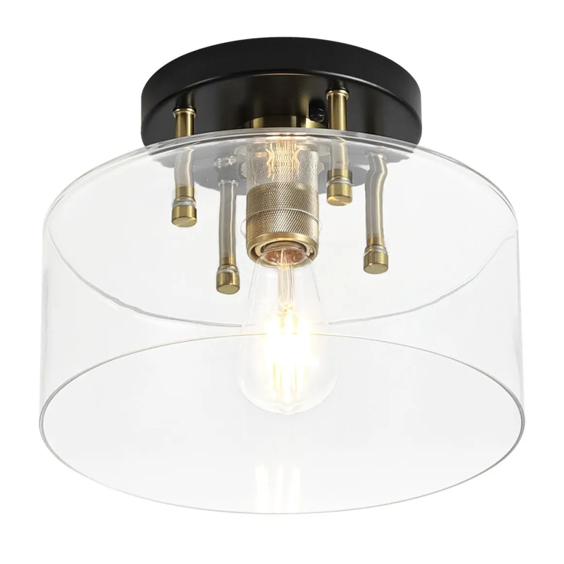 1-Light Black Brass Clear Glass Drum Semi Flush Mount