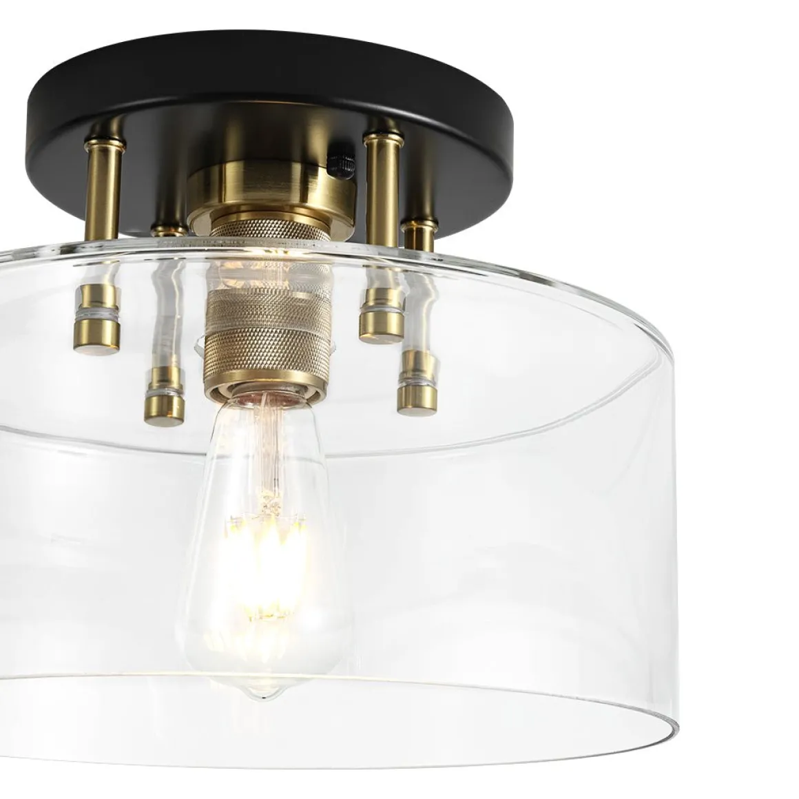 1-Light Black Brass Clear Glass Drum Semi Flush Mount