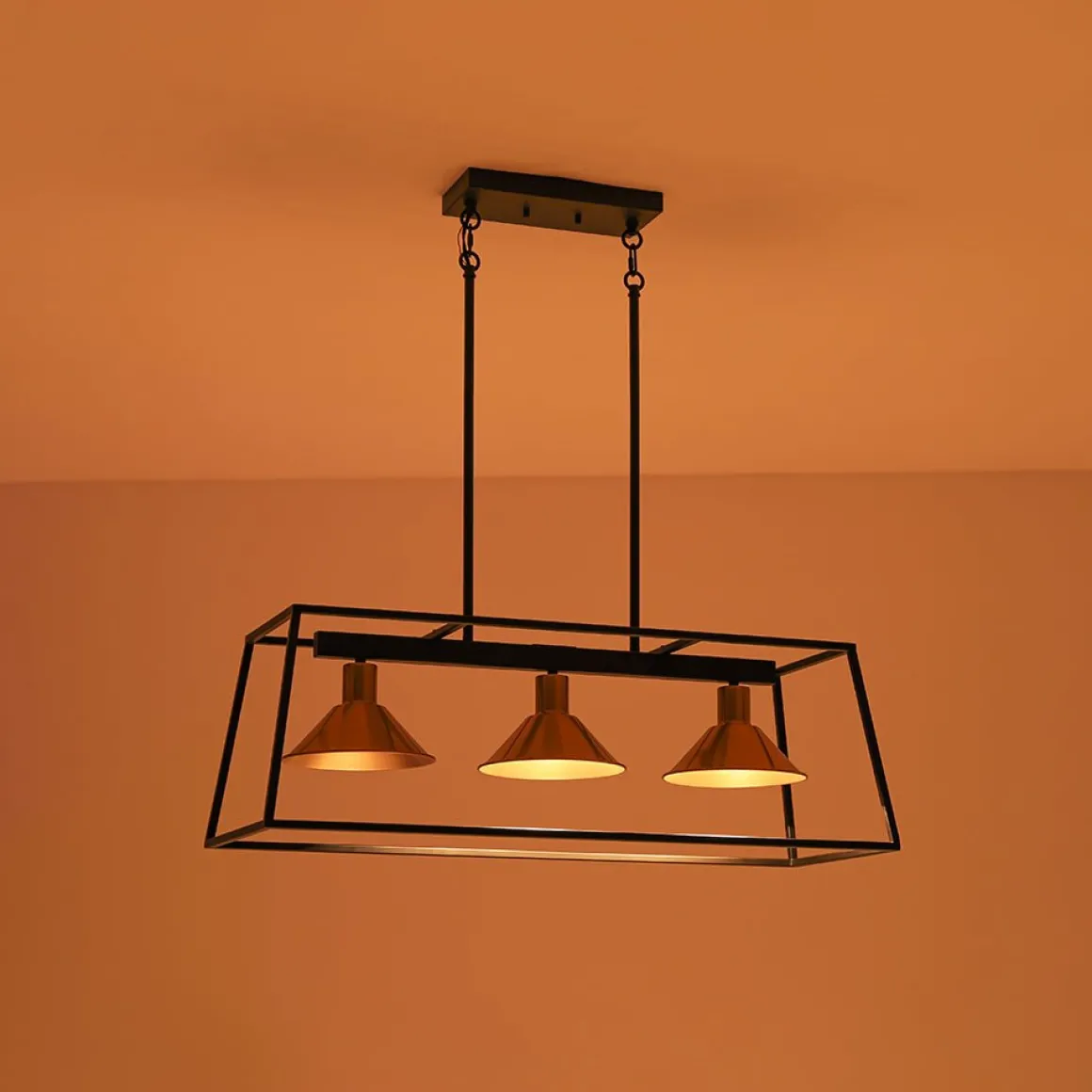 3-Light Black Brass Rectangle Cage Island Chandelier