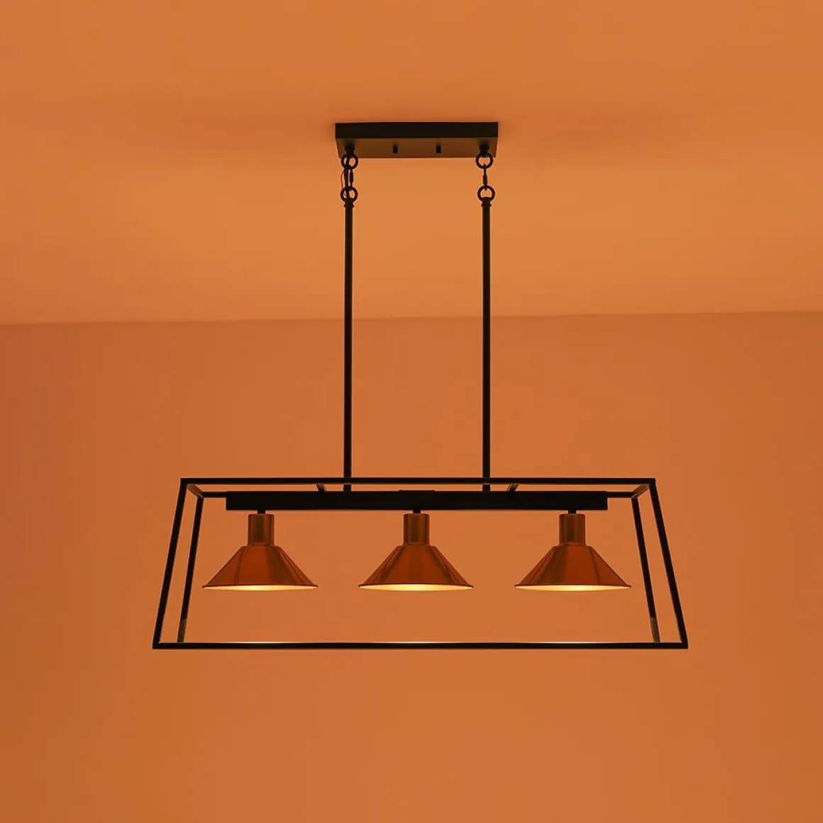 3-Light Black Brass Rectangle Cage Island Chandelier