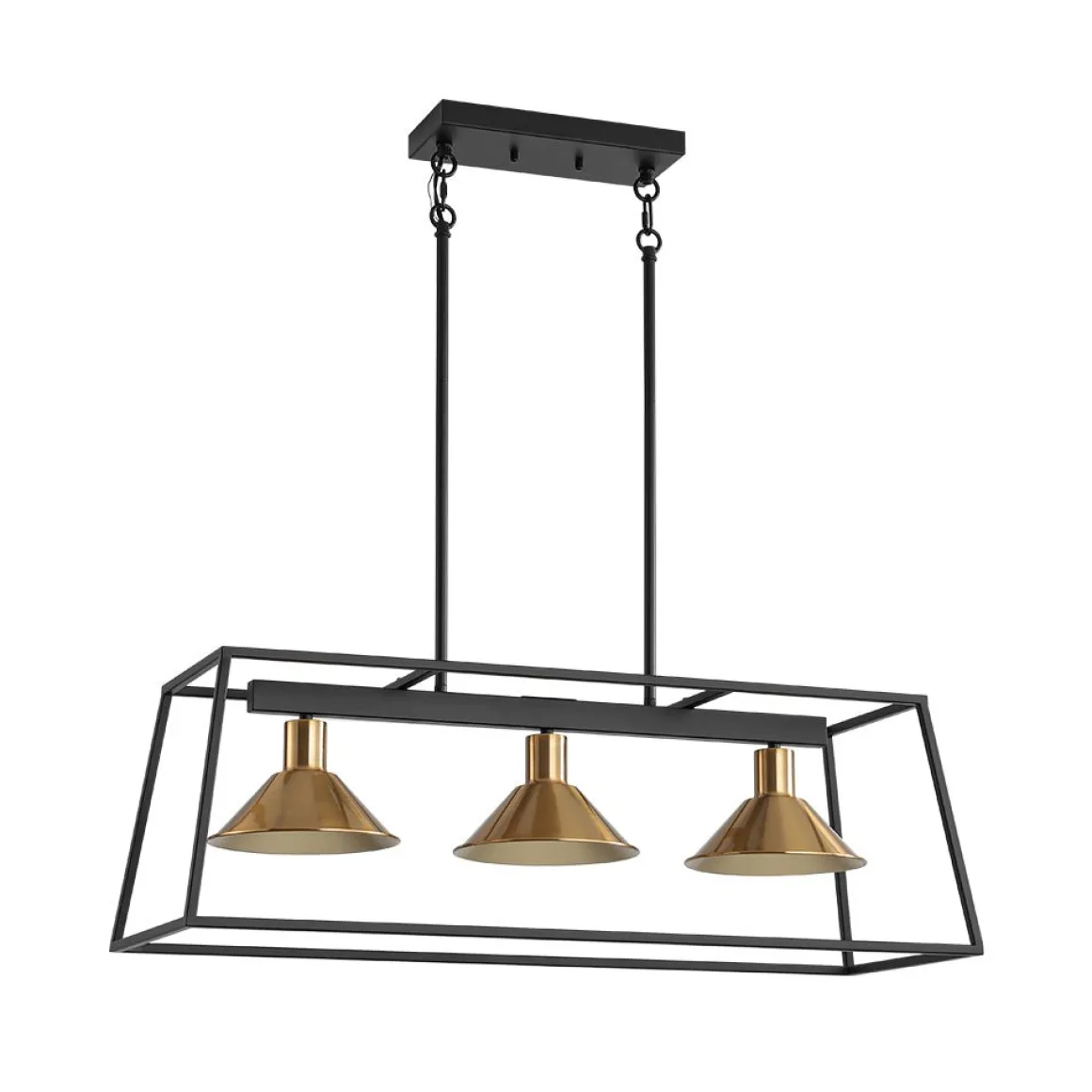 3-Light Black Brass Rectangle Cage Island Chandelier