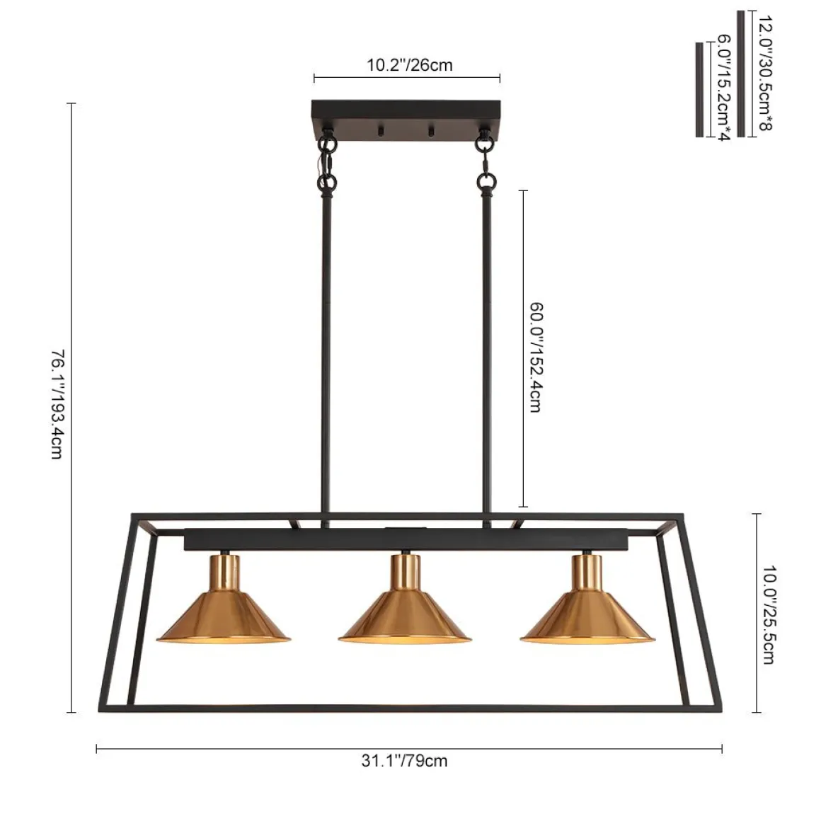 3-Light Black Brass Rectangle Cage Island Chandelier
