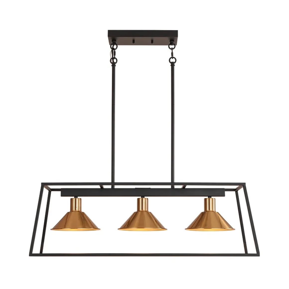 3-Light Black Brass Rectangle Cage Island Chandelier