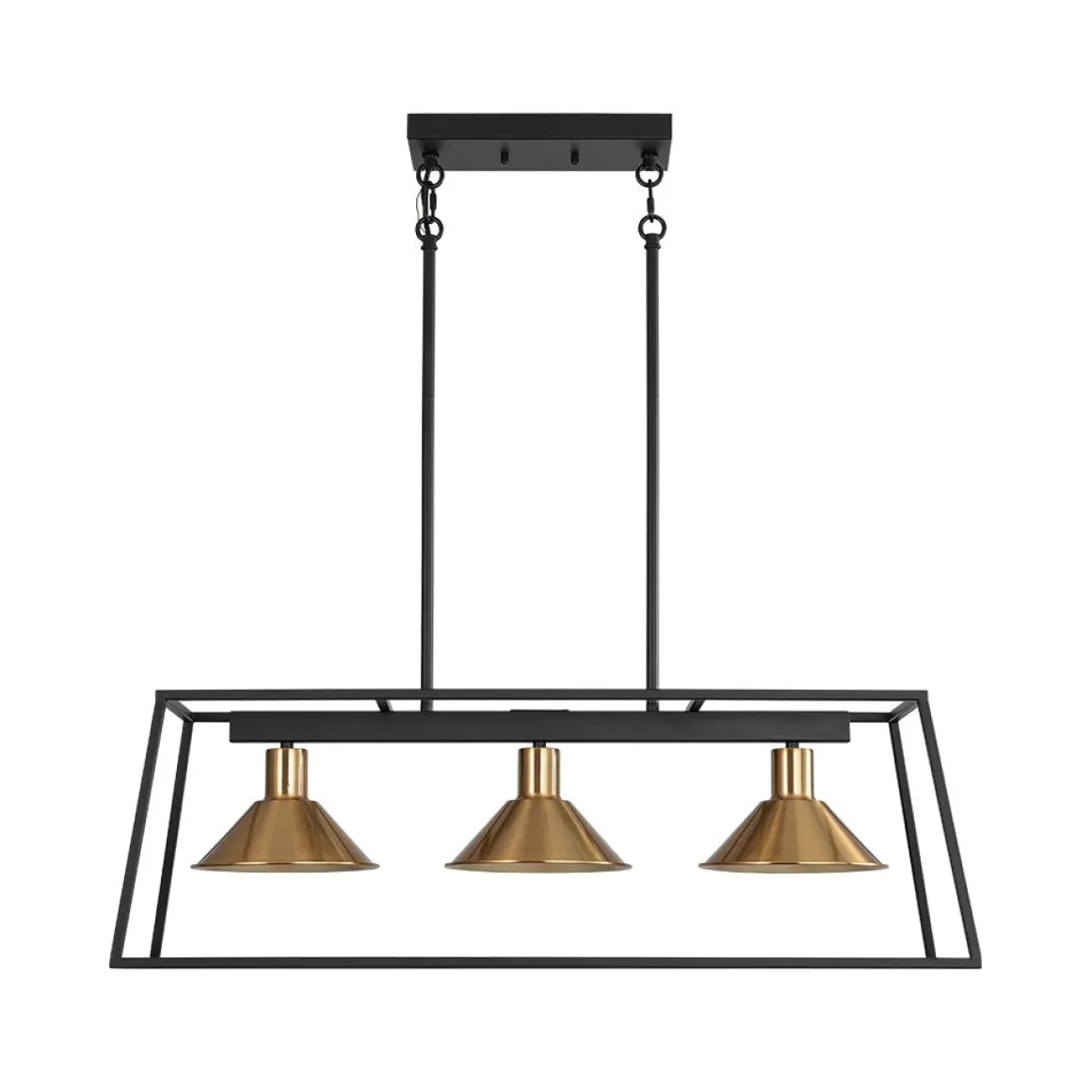 3-Light Black Brass Rectangle Cage Island Chandelier