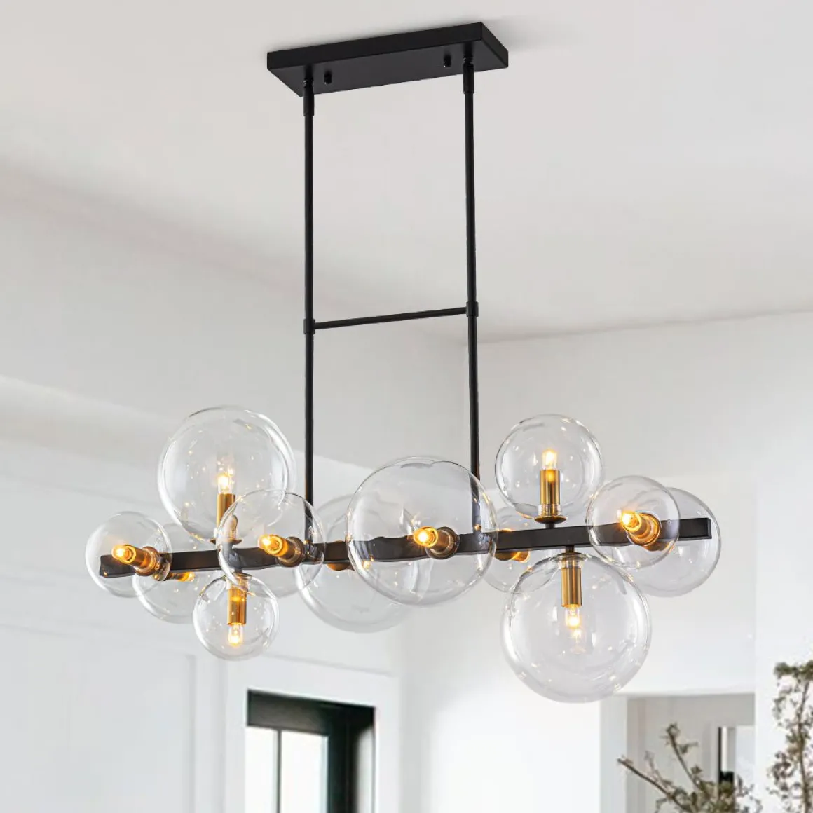 12-Light Black Brass Sputnik Glass Bubble Linear Island Pendant