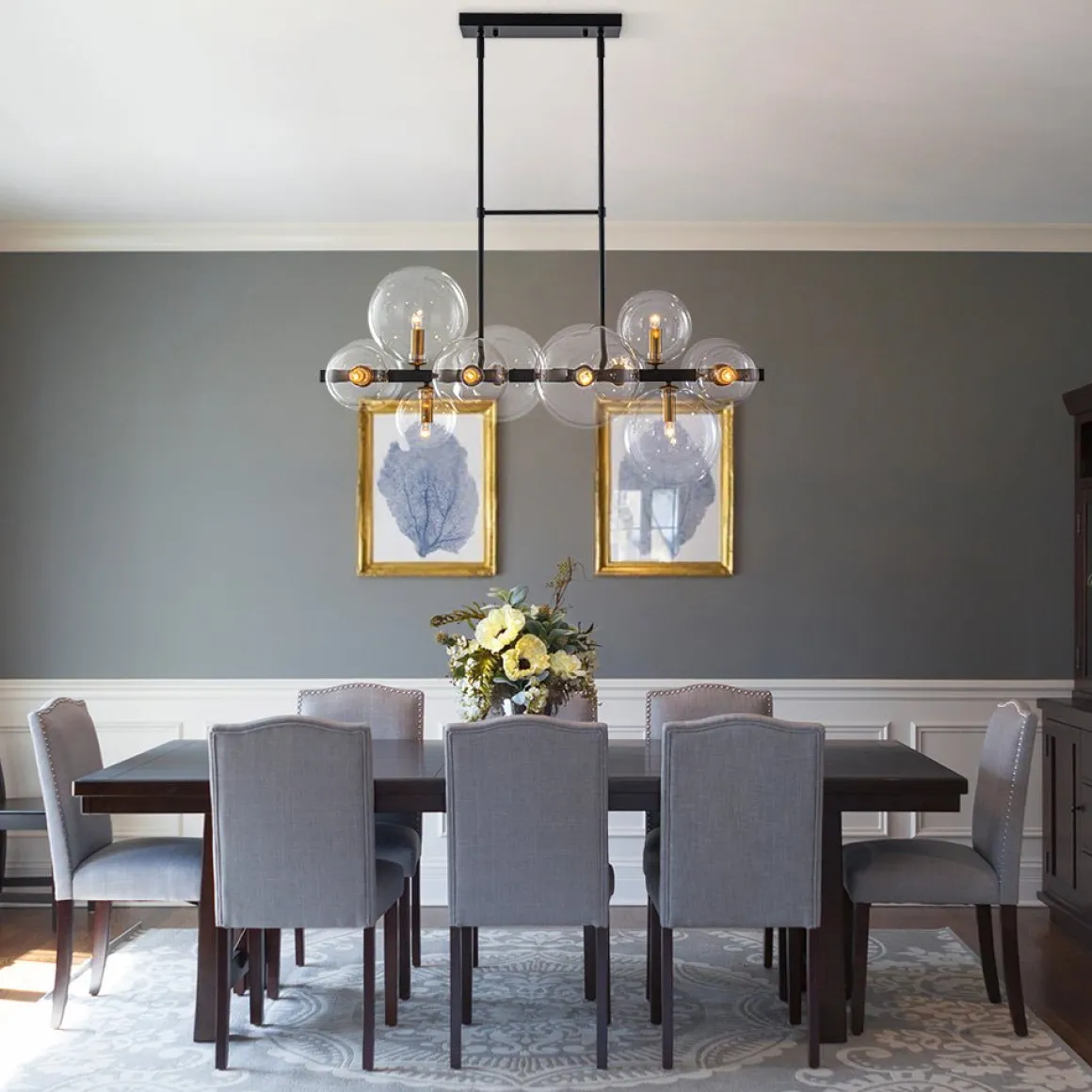 12-Light Black Brass Sputnik Glass Bubble Linear Island Pendant