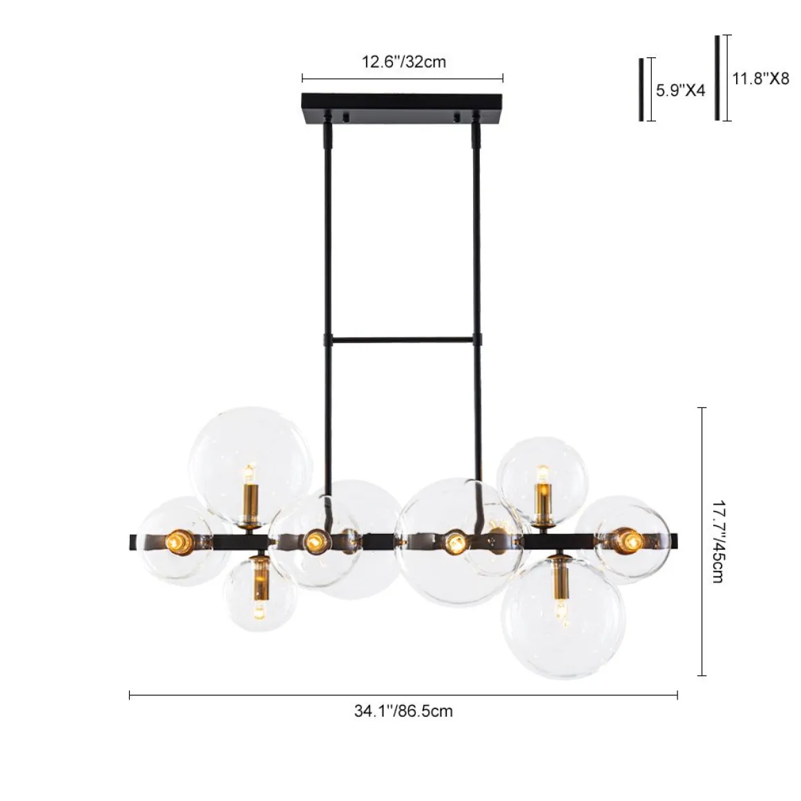 12-Light Black Brass Sputnik Glass Bubble Linear Island Pendant