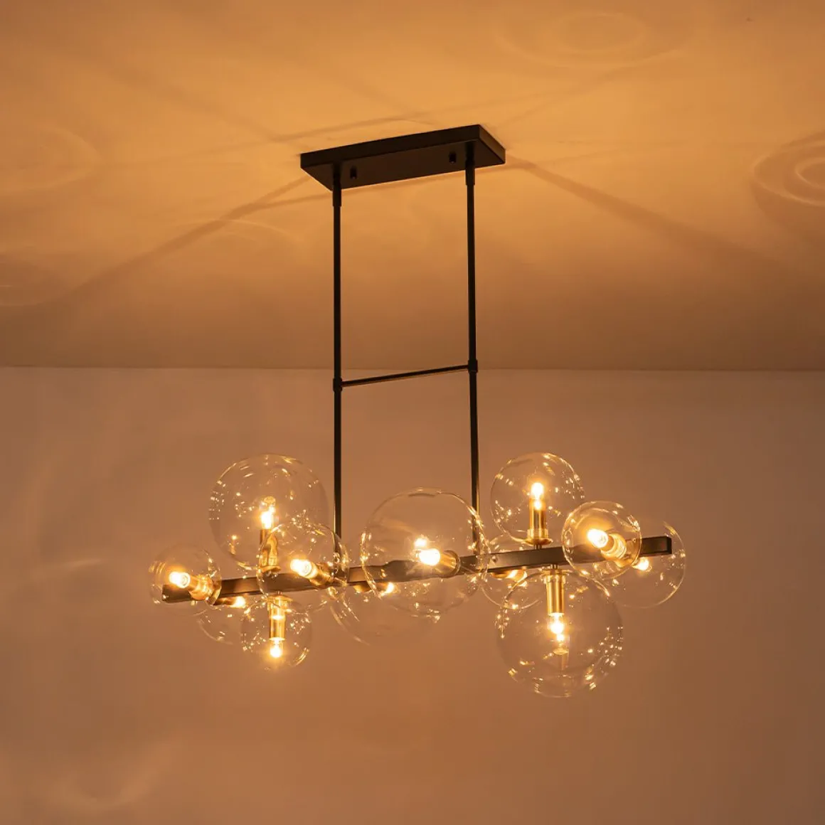 12-Light Black Brass Sputnik Glass Bubble Linear Island Pendant