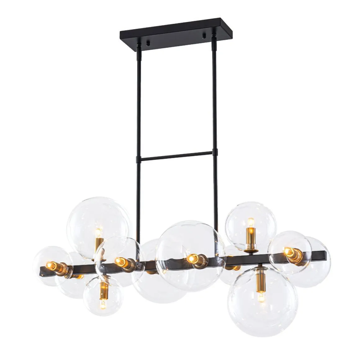 12-Light Black Brass Sputnik Glass Bubble Linear Island Pendant