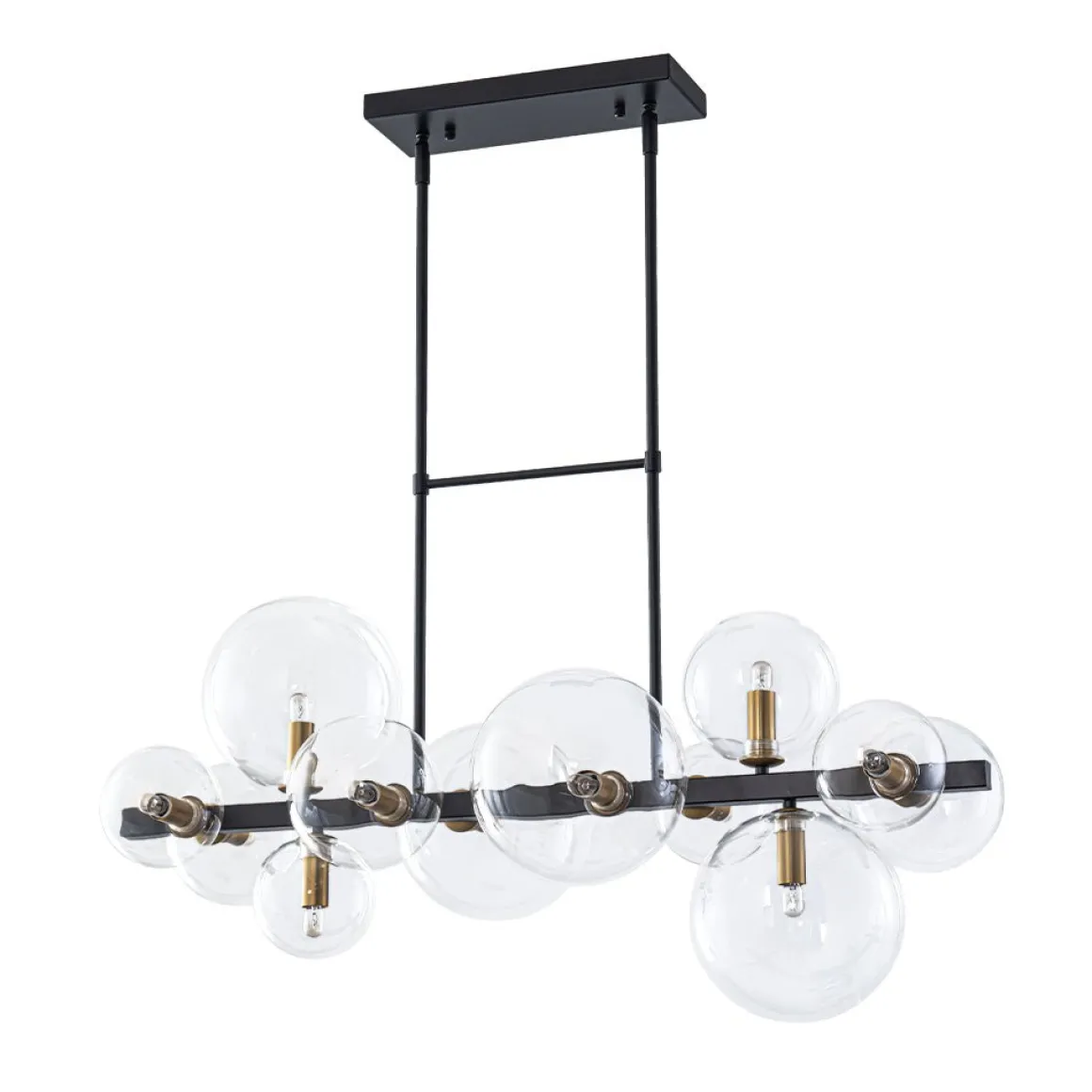 12-Light Black Brass Sputnik Glass Bubble Linear Island Pendant