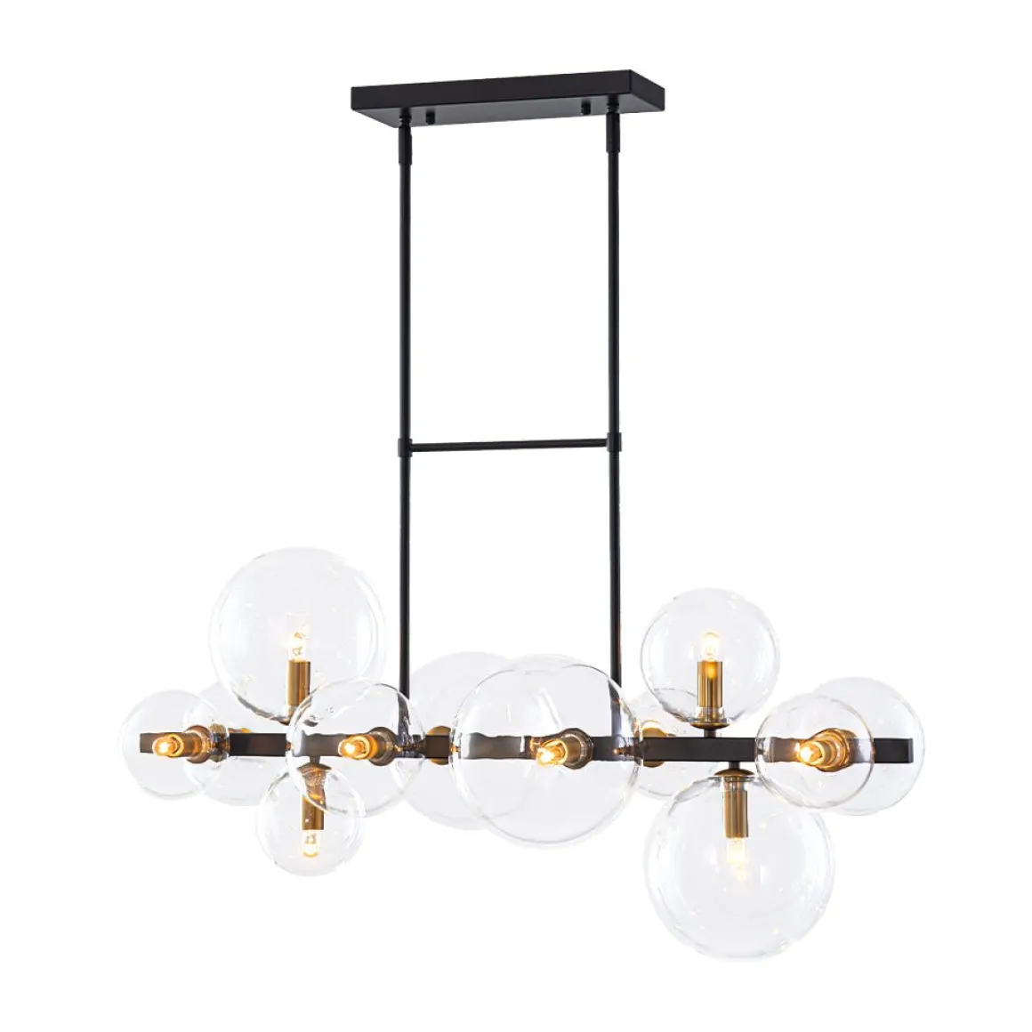 12-Light Black Brass Sputnik Glass Bubble Linear Island Pendant