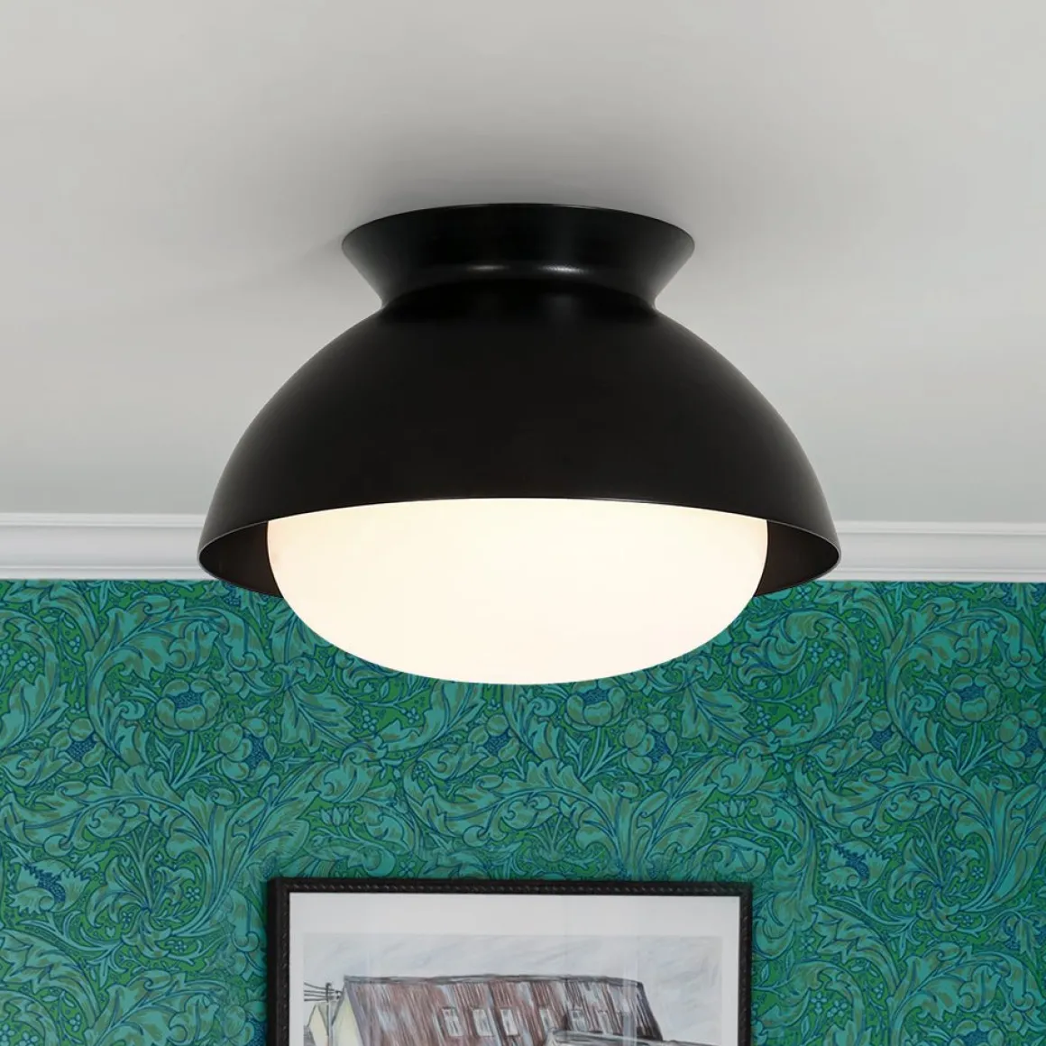 1-Light Black Dome Frosted Glass Shade Semi Flush Mount