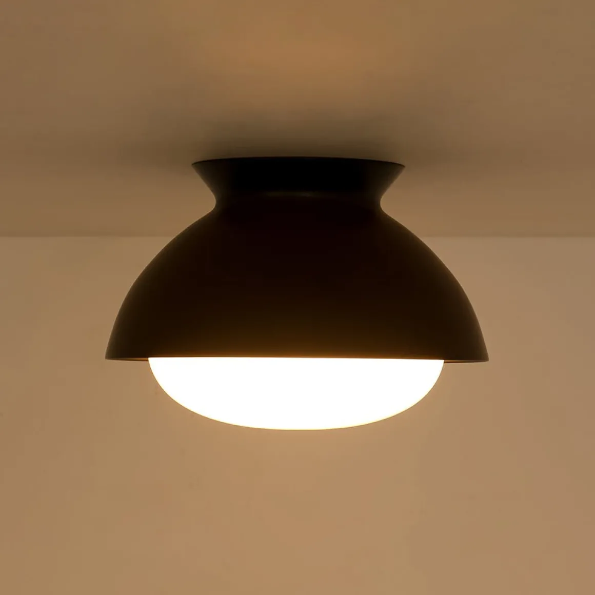 1-Light Black Dome Frosted Glass Shade Semi Flush Mount