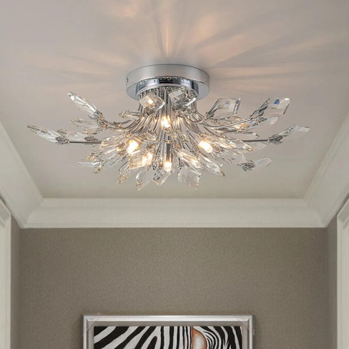4-Light Bloom Crystal Leaf Semi Flush Mount Light