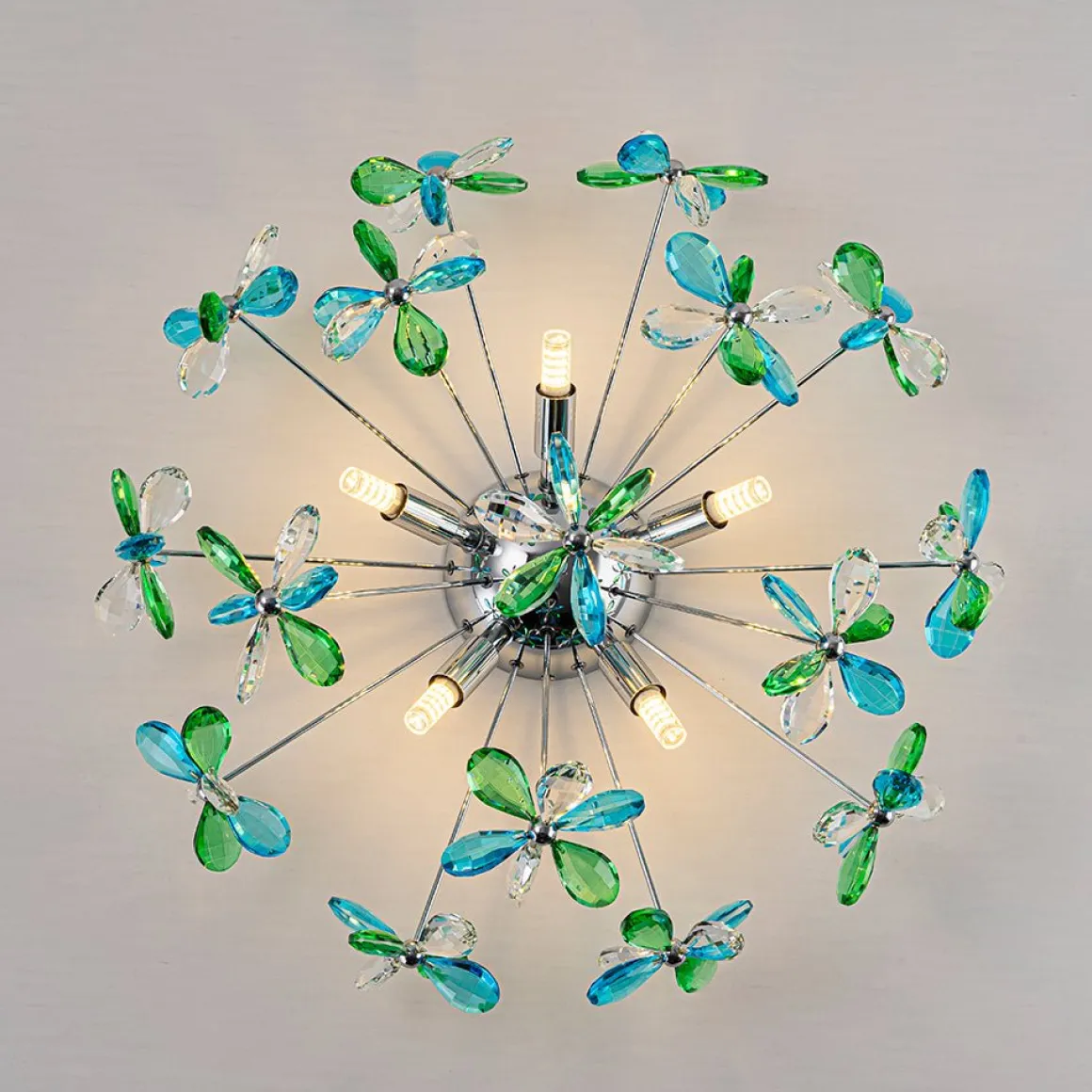 5-Light Bloom Green Blue Crystal Dandelion Semi Flush Mount