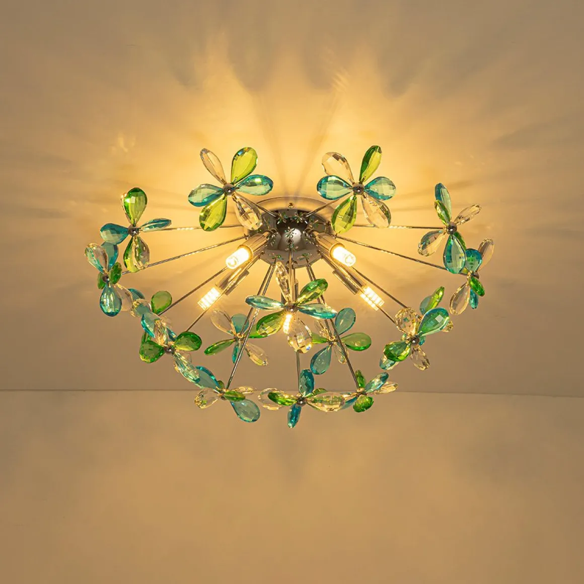 5-Light Bloom Green Blue Crystal Dandelion Semi Flush Mount