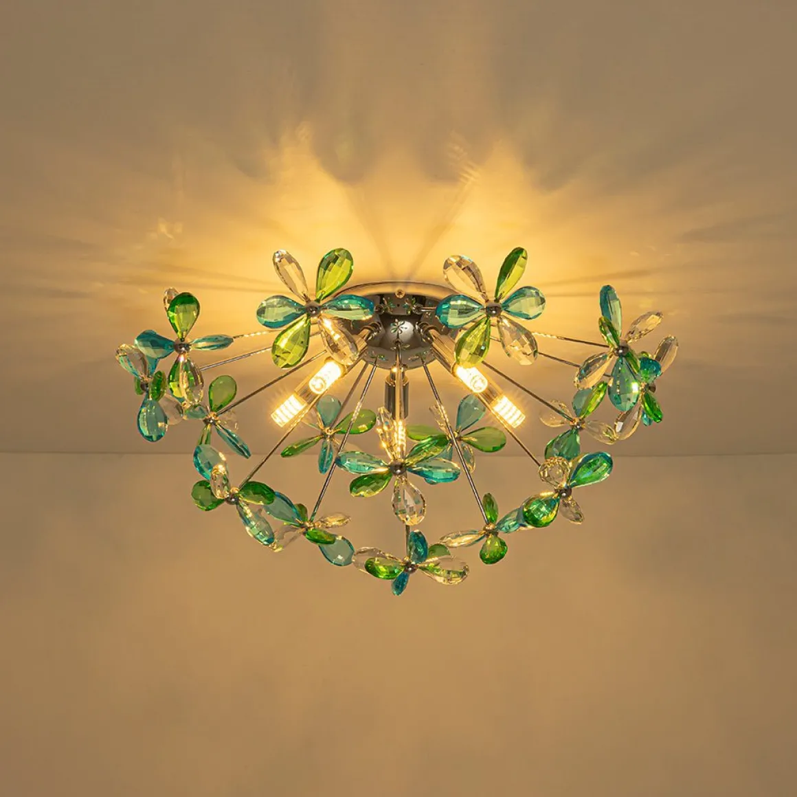 5-Light Bloom Green Blue Crystal Dandelion Semi Flush Mount