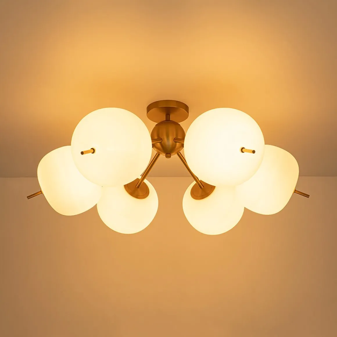 6-Light Bloom Opal Glass Globe Round Sputnik Semi Flush Mount