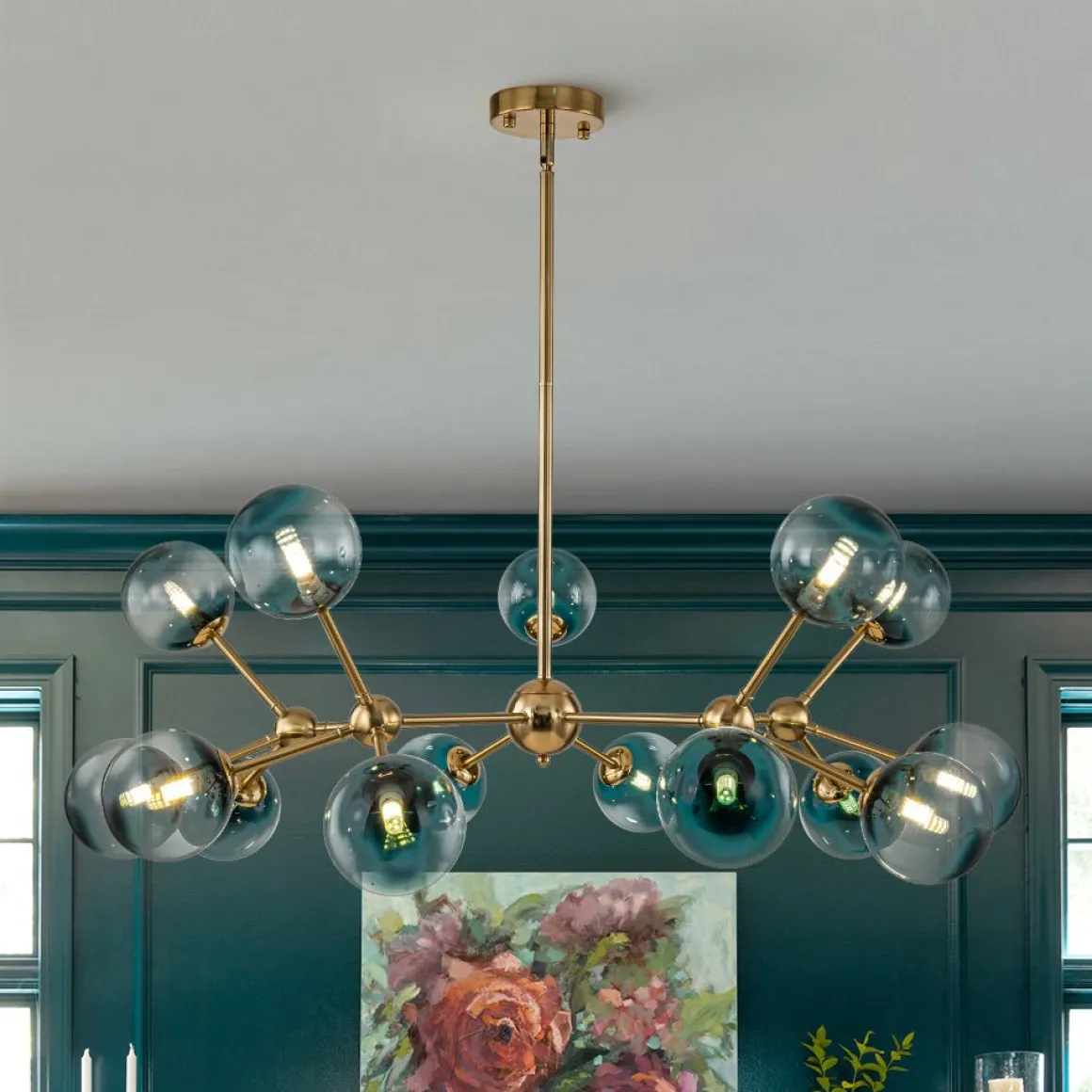 15-Light Blue Glass Globe Bubble Sputnik Branch Chandelier