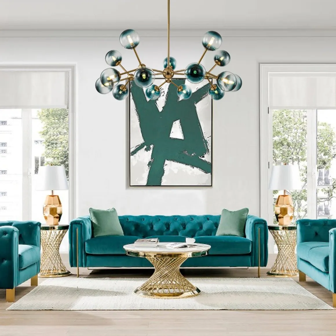 15-Light Blue Glass Globe Bubble Sputnik Branch Chandelier