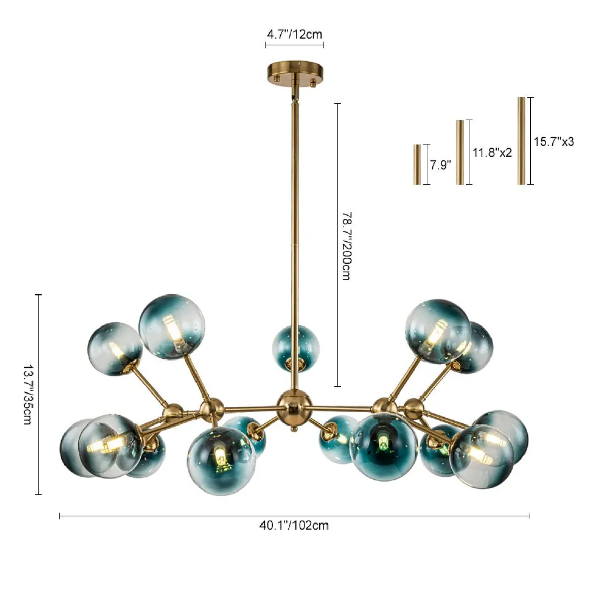 15-Light Blue Glass Globe Bubble Sputnik Branch Chandelier