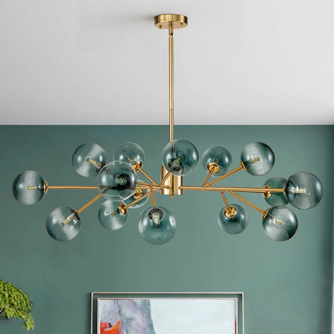 15-Light Branch Blue Glass Globe Bubble Chandelier