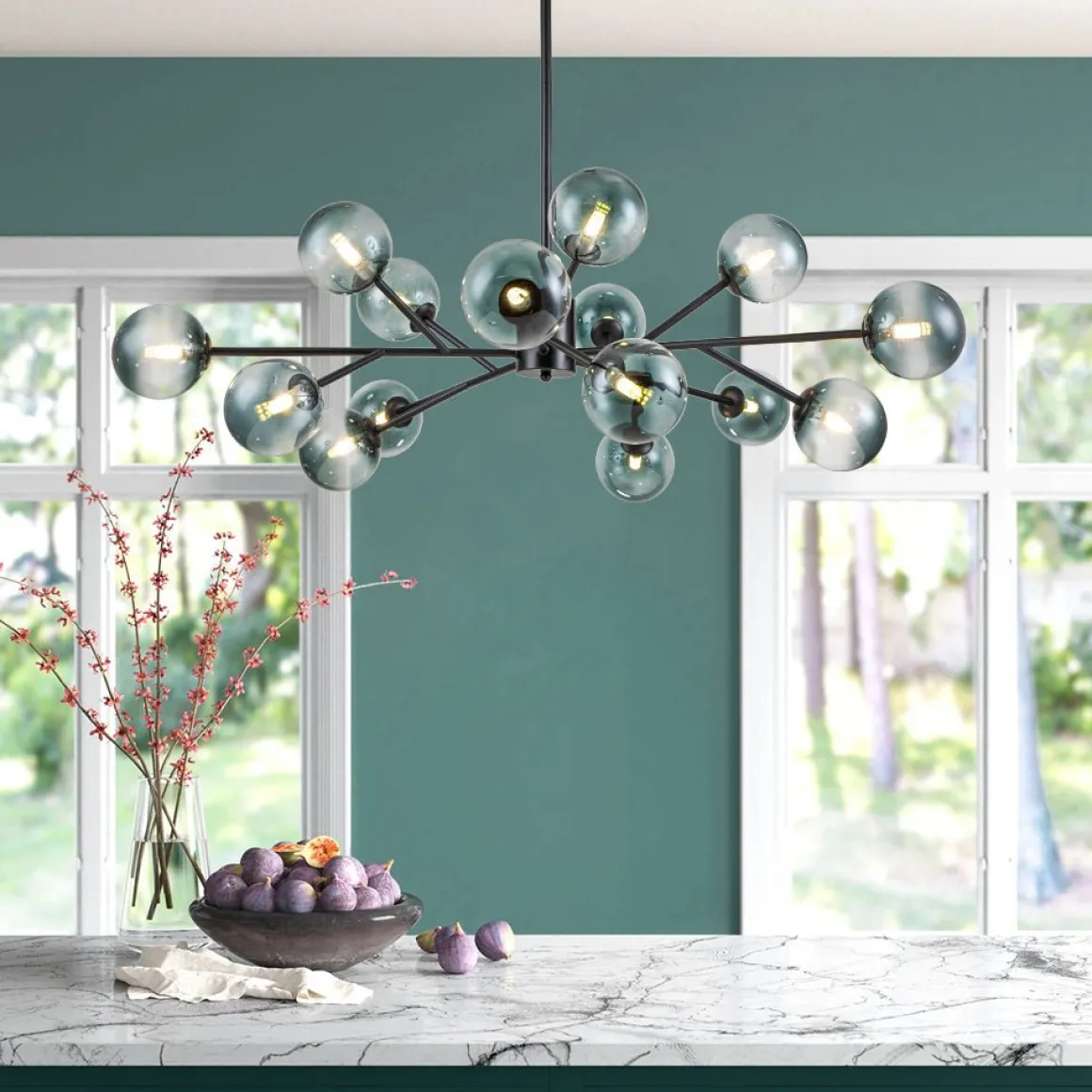 15-Light Branch Blue Glass Globe Bubble Chandelier