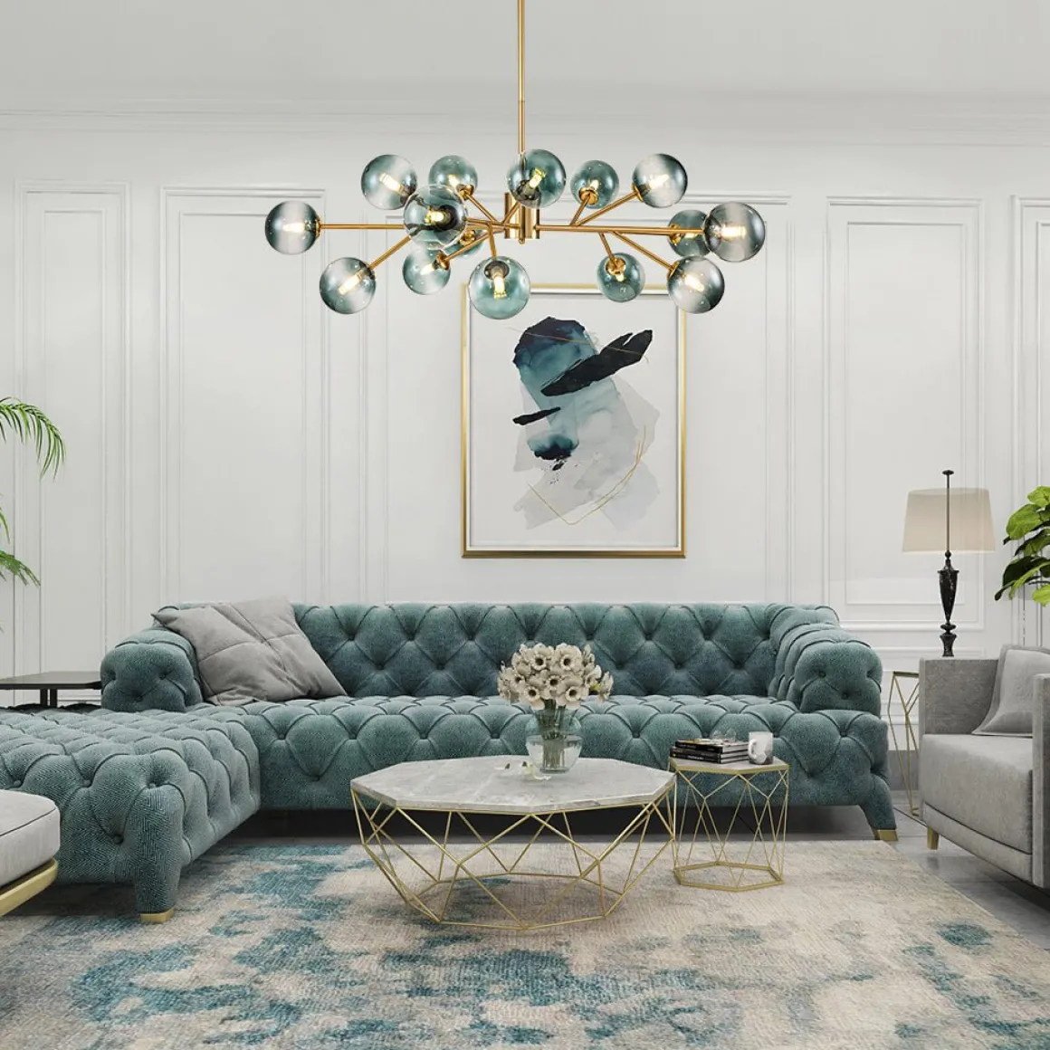 15-Light Branch Blue Glass Globe Bubble Chandelier