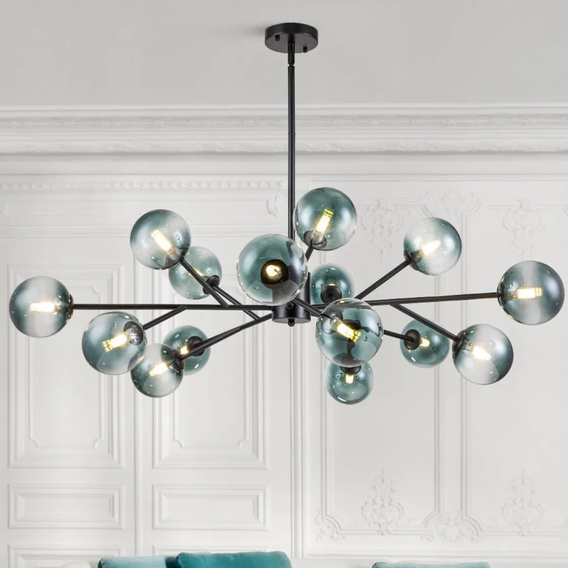 15-Light Branch Blue Glass Globe Bubble Chandelier