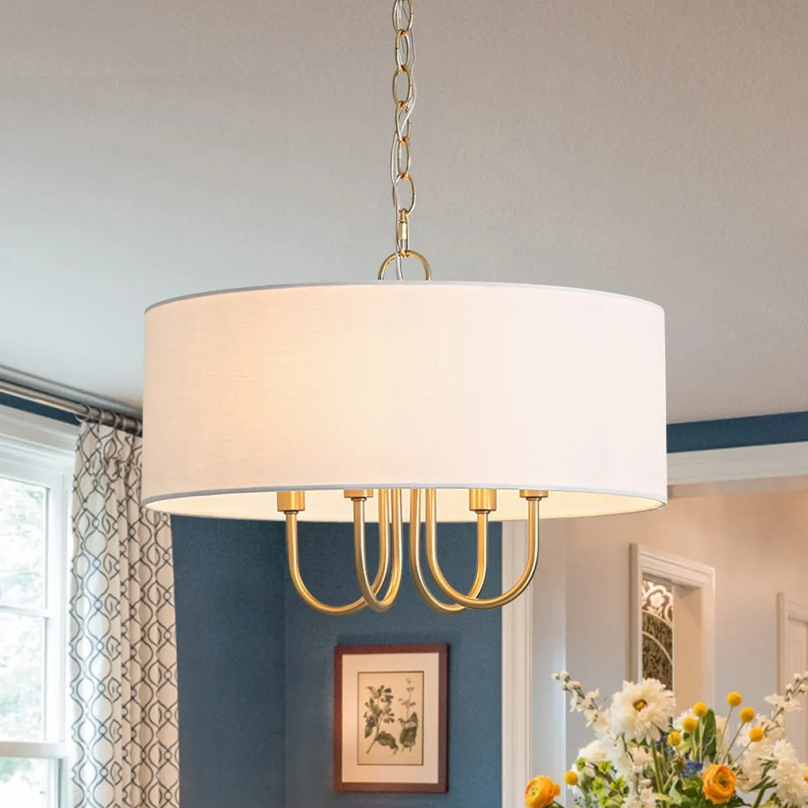4-Light Brass Candle Style White Fabric Drum Cage Chandelier