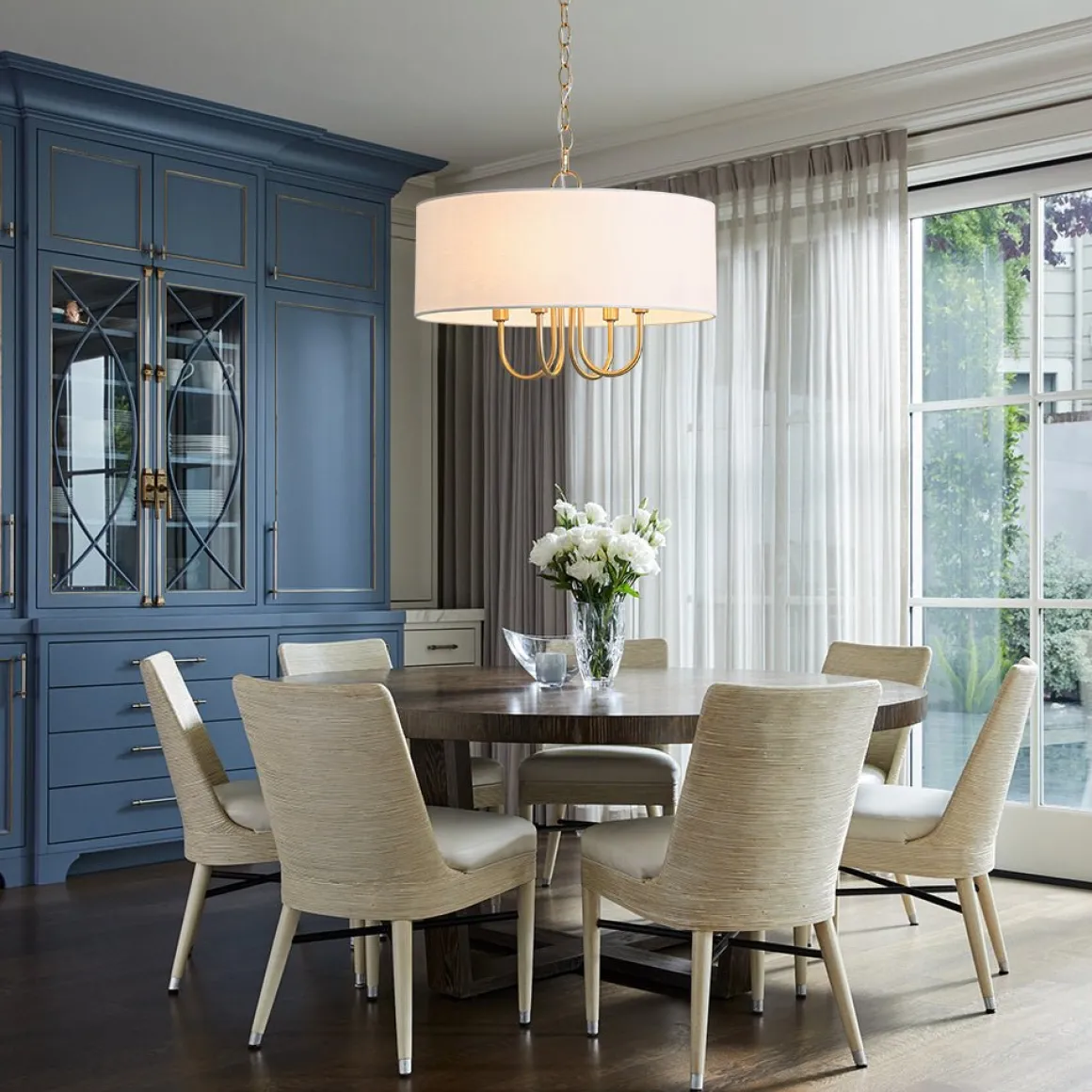 4-Light Brass Candle Style White Fabric Drum Cage Chandelier