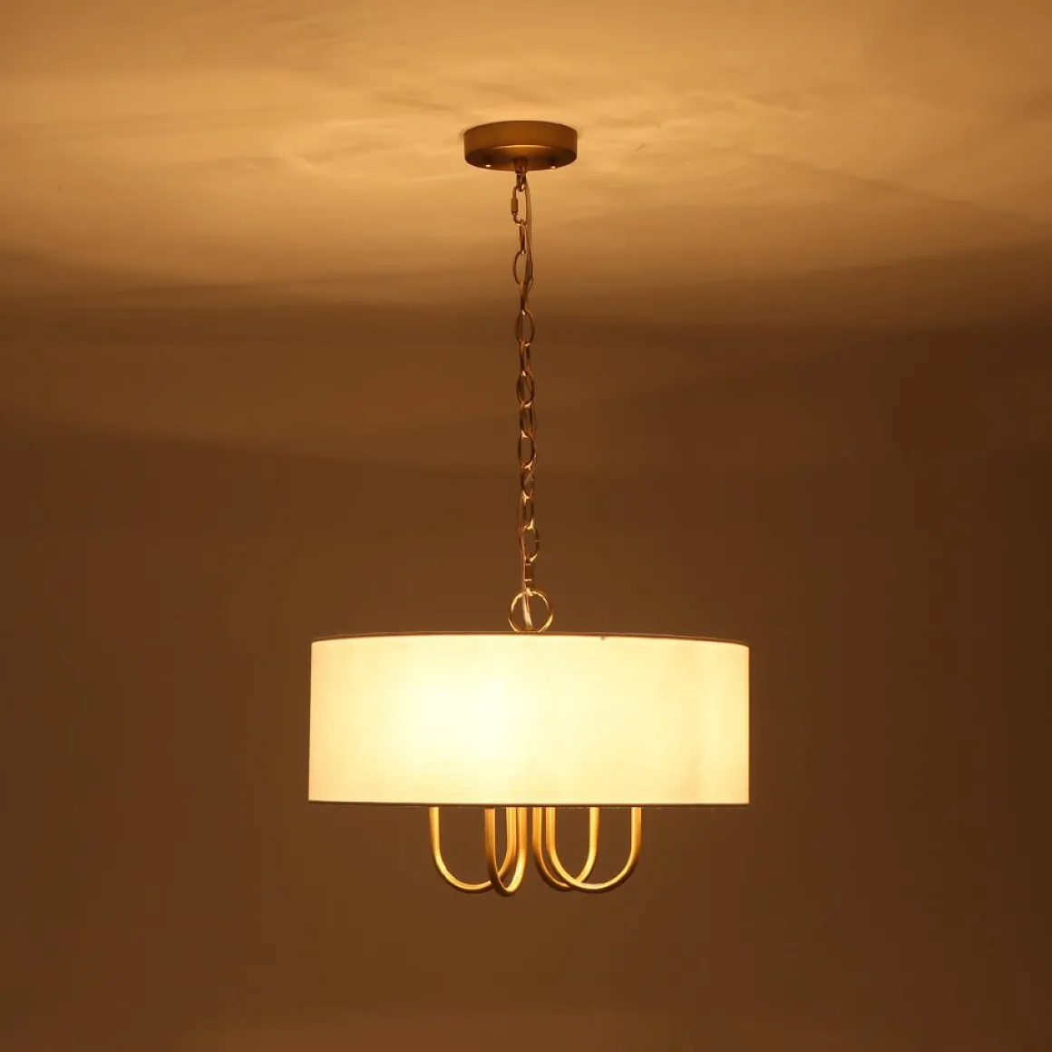 4-Light Brass Candle Style White Fabric Drum Cage Chandelier