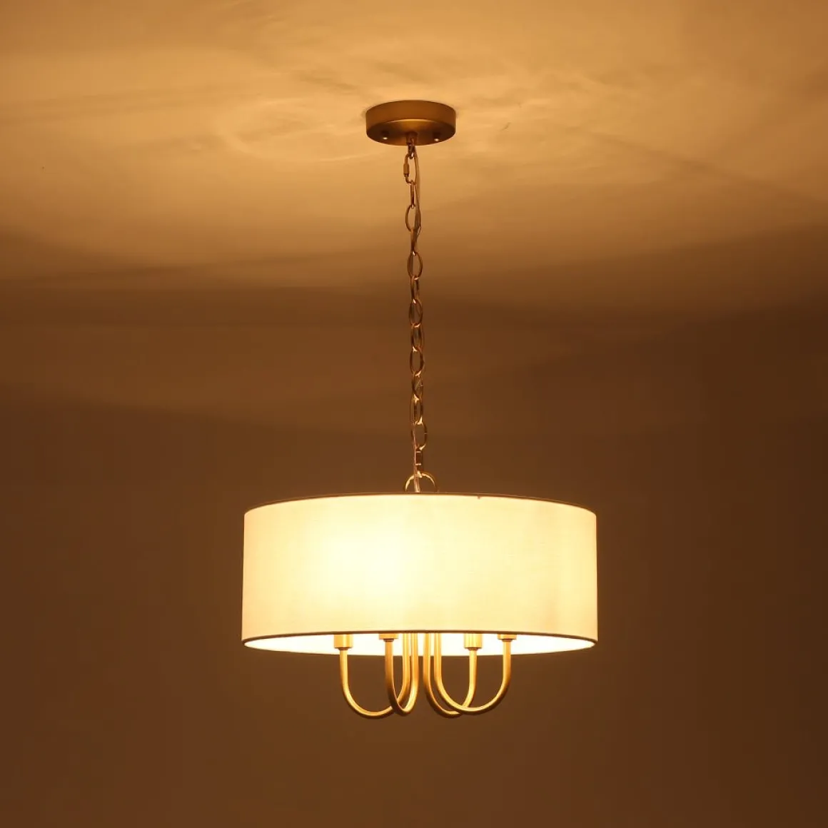 4-Light Brass Candle Style White Fabric Drum Cage Chandelier