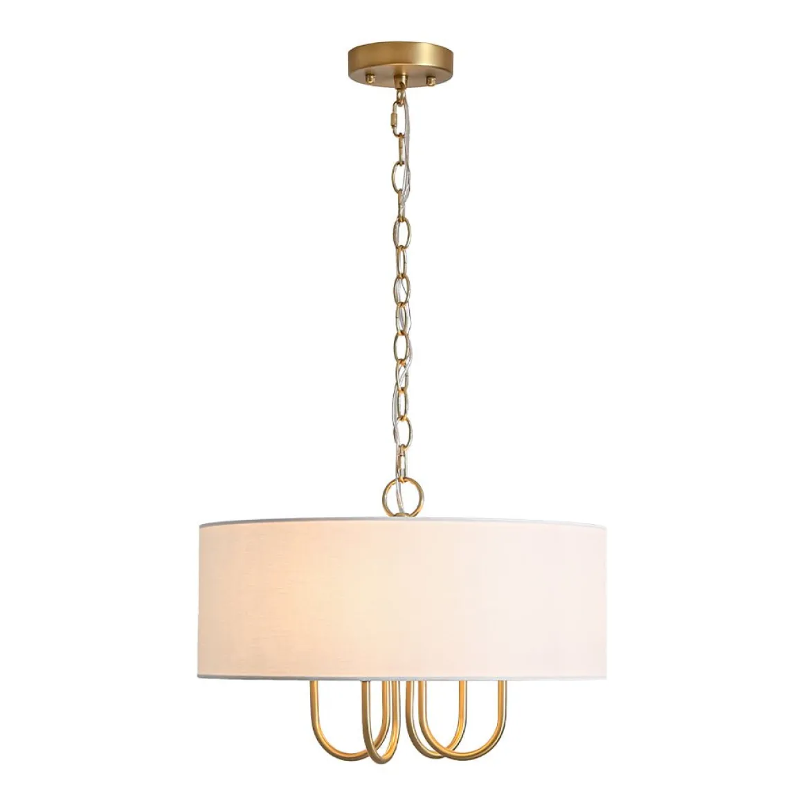 4-Light Brass Candle Style White Fabric Drum Cage Chandelier