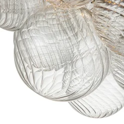 3-Light Brass Cluster Ribbed Glass Bubble Semi Flush Chandelier