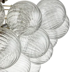 3-Light Brass Cluster Ribbed Glass Bubble Semi Flush Chandelier