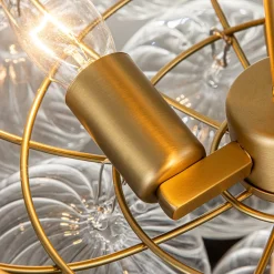 3-Light Brass Cluster Ribbed Glass Bubble Semi Flush Chandelier