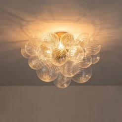 3-Light Brass Cluster Ribbed Glass Bubble Semi Flush Chandelier